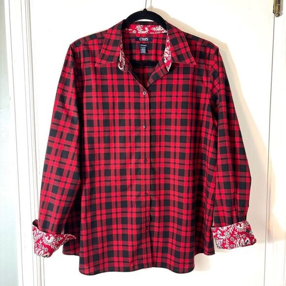 Chaps XL red & black check no iron cotton contrast print detail button front shi - Picture 2 of 7